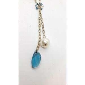 Vintage Y Necklace Gold Tone Faux Pearl Blue Glass Dangle Layered Chunky Chain